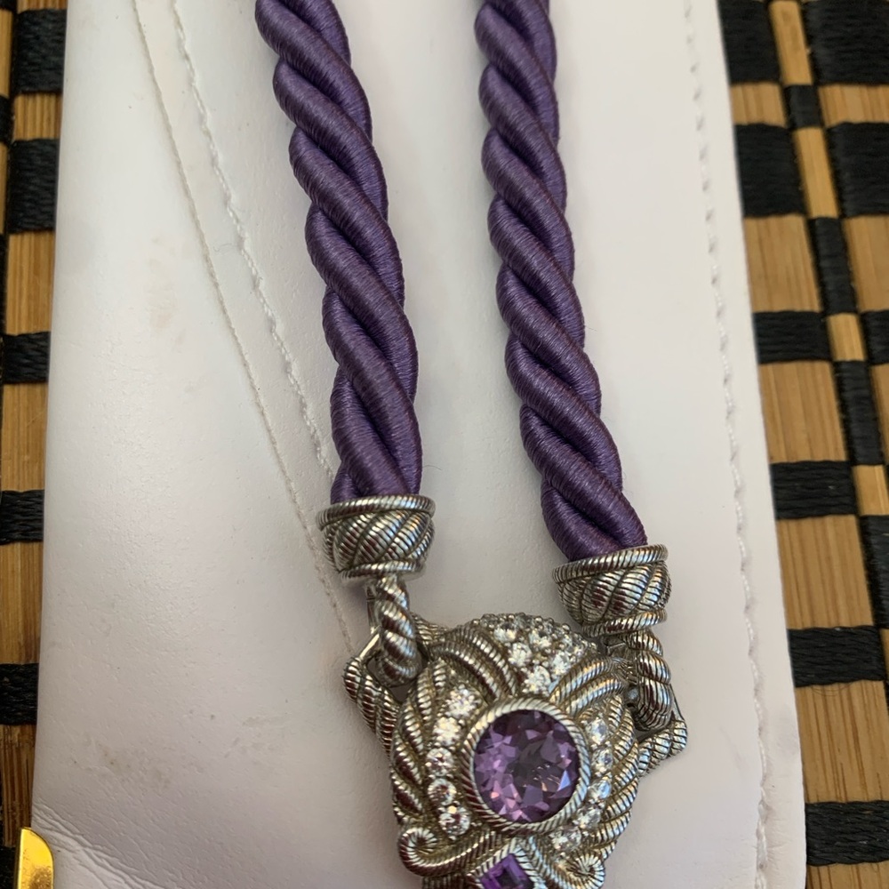 Judith Ripka purple silk chord necklace with silver and purple ornament. - Picture 2 of 3
